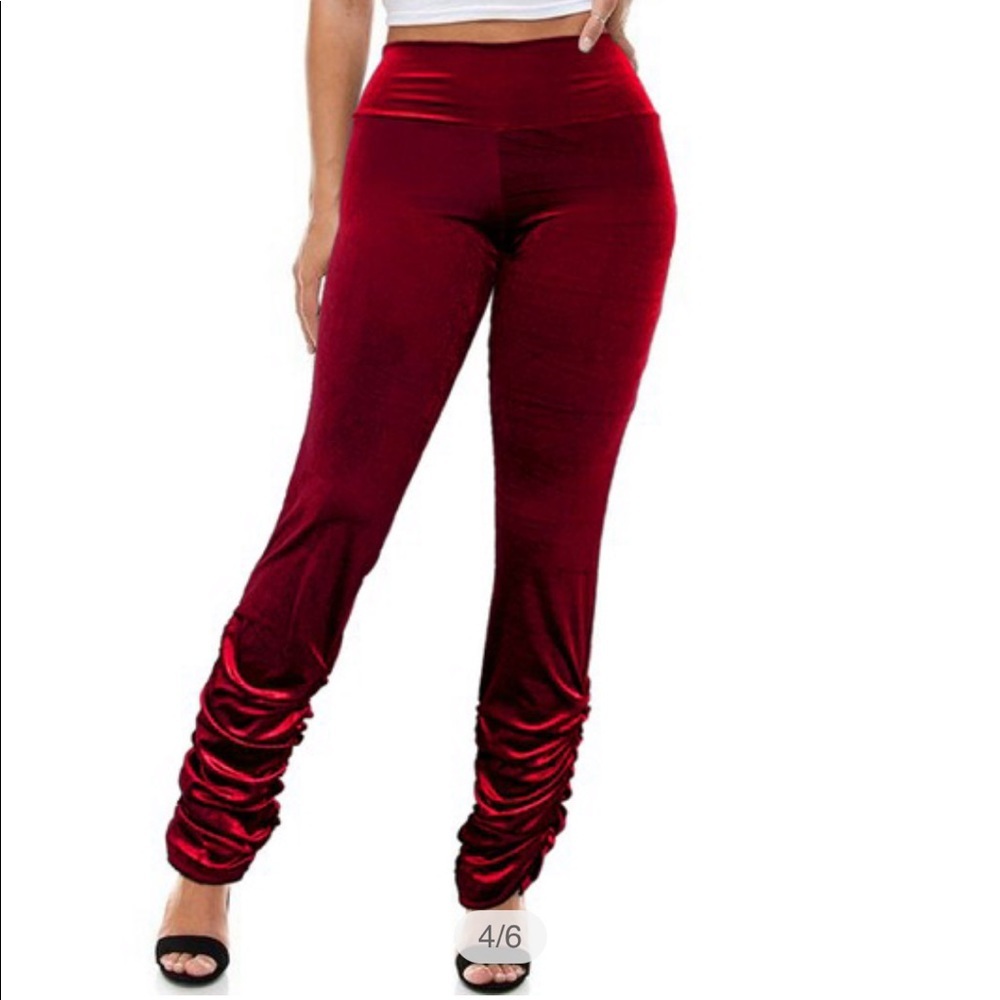 Maroon Velvet Stretch Stack Stacked Rouched Pants